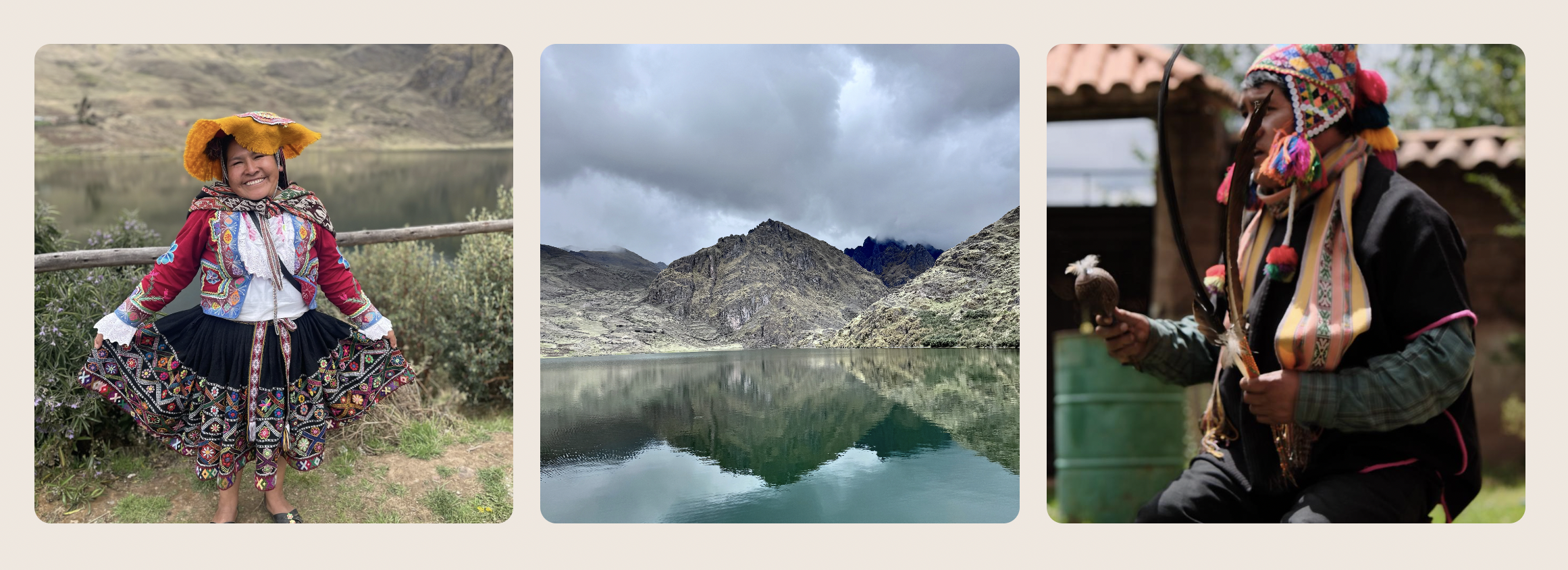 Triptych of images featuring indigenous culture and landscape: left features a smiling woman in traditional, colorful embroidered clothing and a yellow hat, standing outdoors in a rural setting; middle depicts a mountain lake with green-tinted water reflecting rugged mountains under a cloudy sky; right shows a person in traditional attire with a multicolored knitted hat, holding a carved object, in front of a rural background.