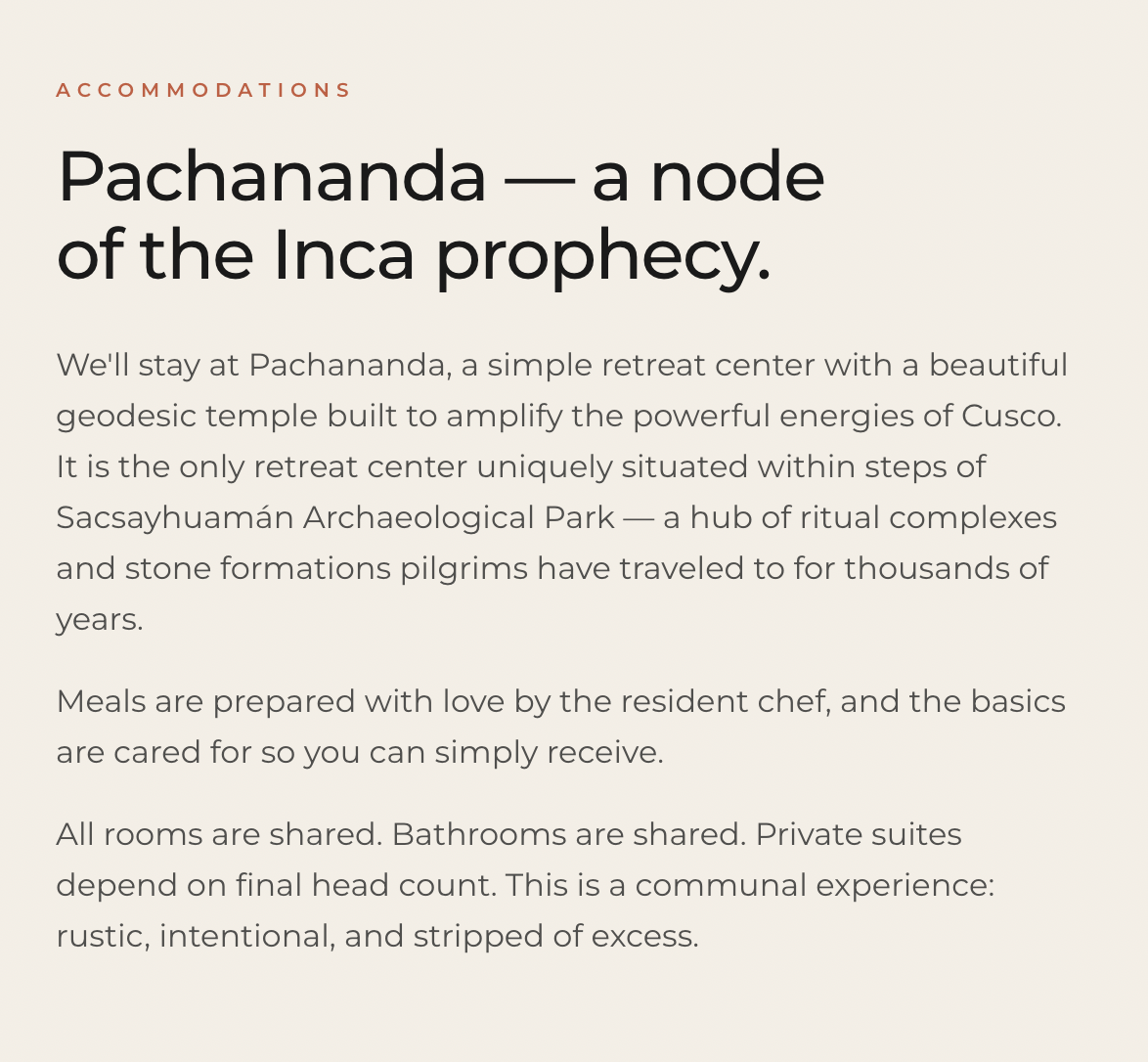 Text describing a retreat center called Pachanda, located near archaeological park, with details about accommodations, meals, shared rooms, and communal experience.