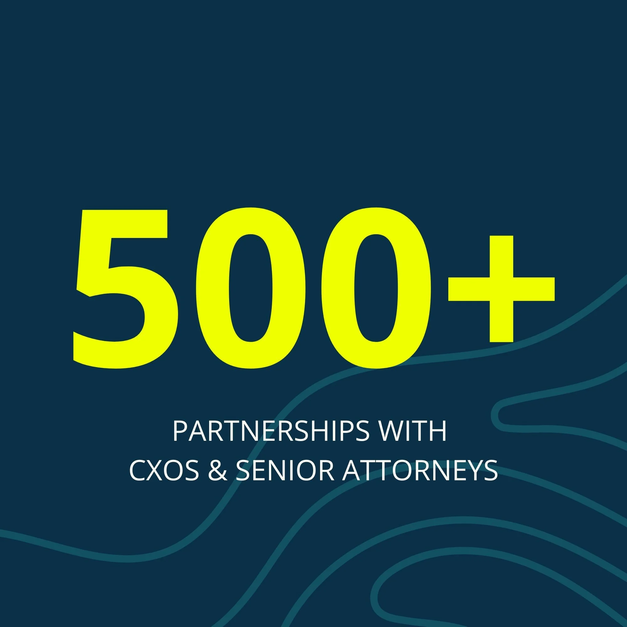 The cover page of a publication about partnerships with CXOs and senior attorneys, with a dark blue background and green curved lines.
