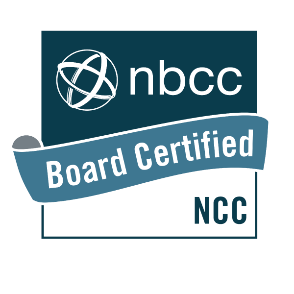 Logo of NBCC with a globe icon, a blue ribbon stating "Board Certified," and the abbreviation "NCC" at the bottom.