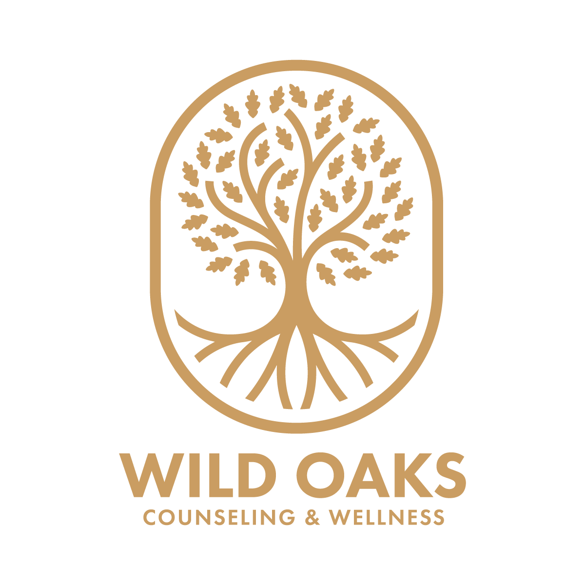 Logo of Wild Oaks Counseling & Wellness featuring a stylized tree with multiple branches and leaves in gold within an oval shape, with the text "Wild Oaks" and "Counseling & Wellness" below.