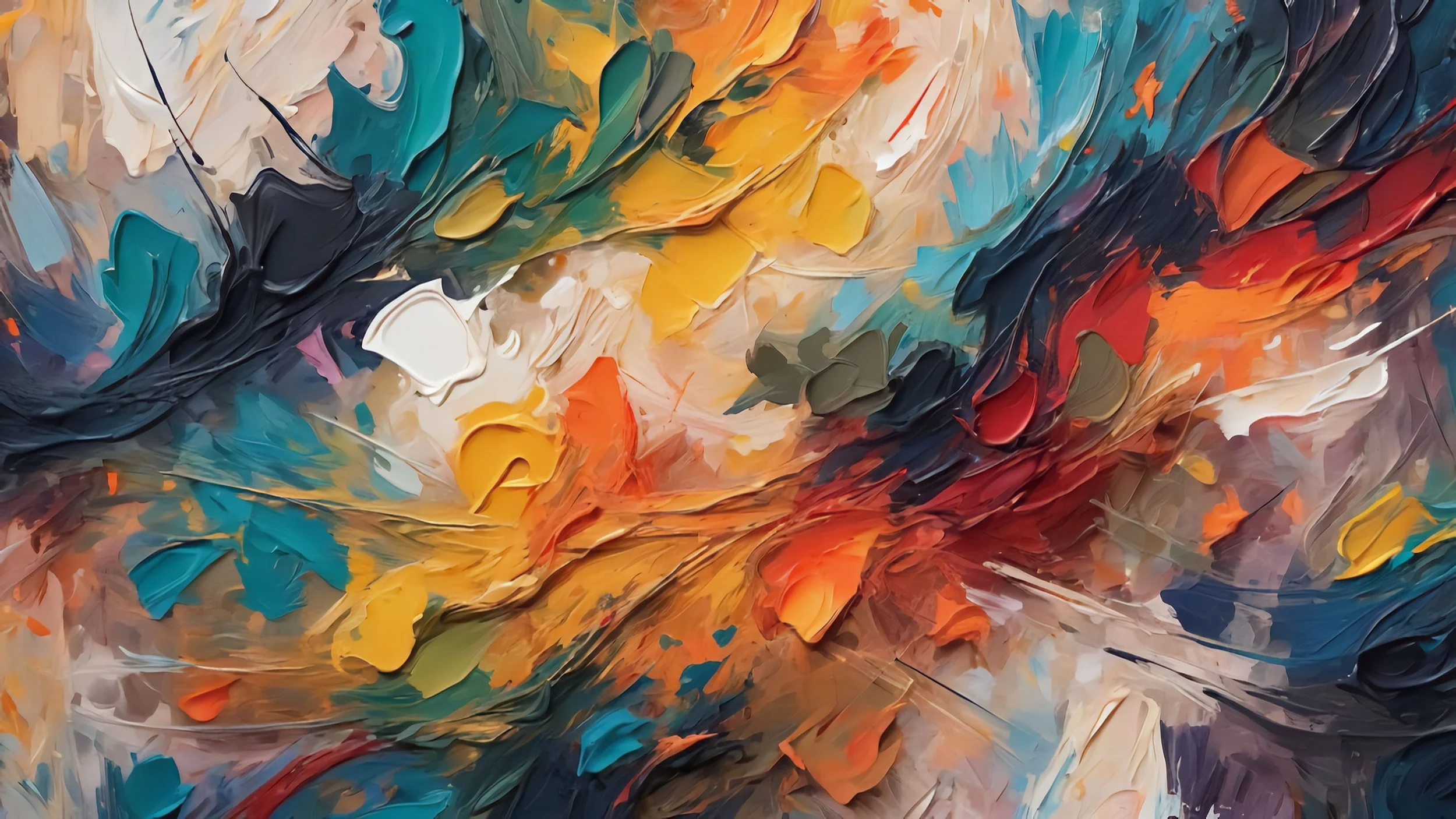 Close-up of an abstract painting with swirling strokes of various colors including blue, green, yellow, orange, red, black, and white.