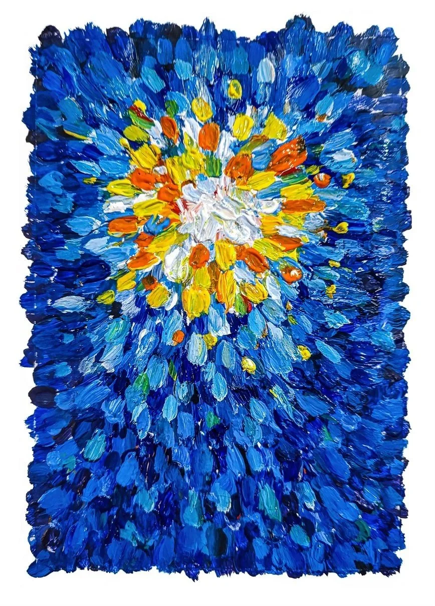 Abstract impressionist painting of a flower with predominantly blue petals and a center of yellow, orange, and white petals.