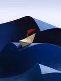 Abstract illustration of a boat with a red flag against a stylized blue and dark background.