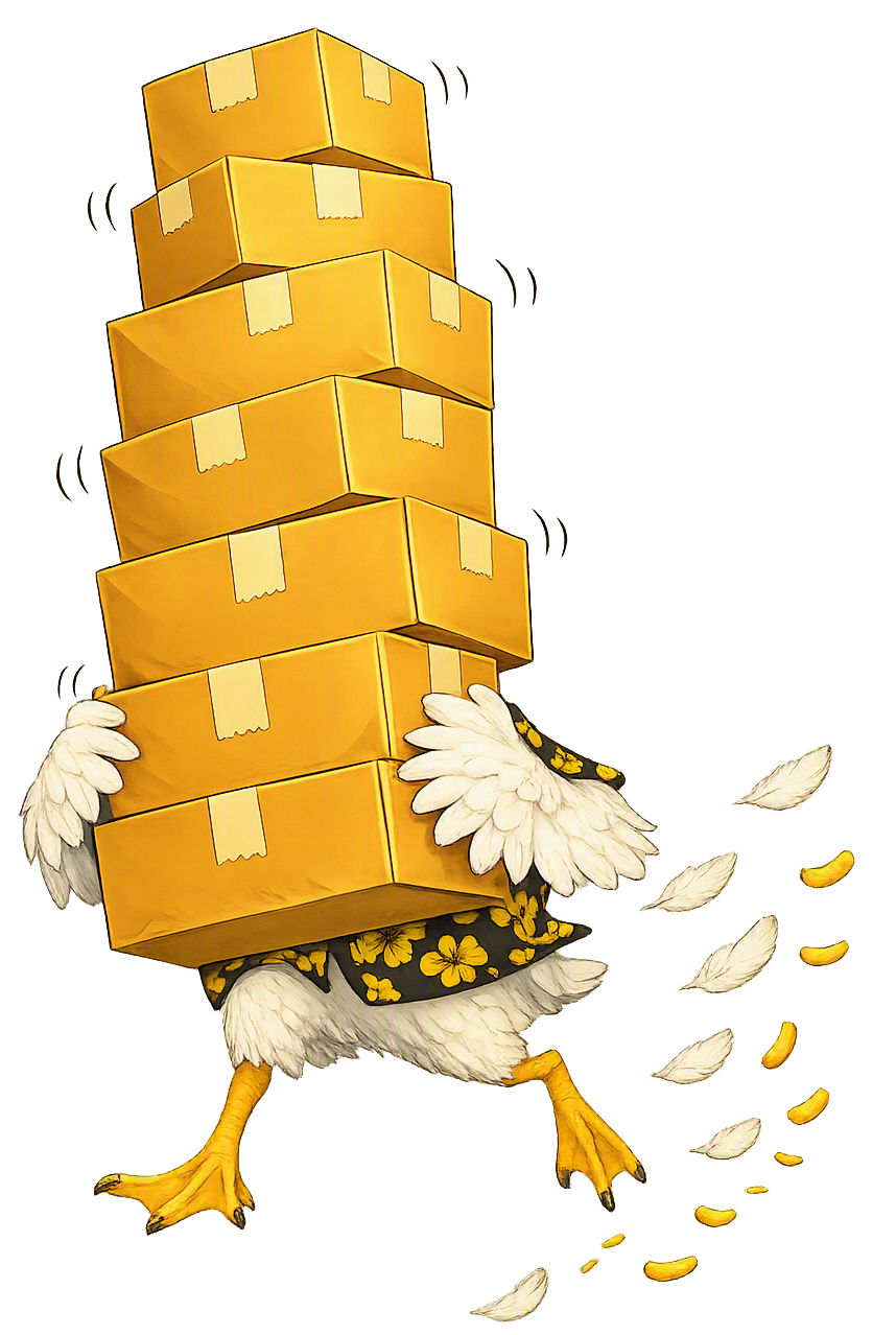 A cartoon Brighton seagull wearing a Hawaiian shirt with white flowers is carrying a tall stack of yellow boxes, with some feathers and small objects falling around it.