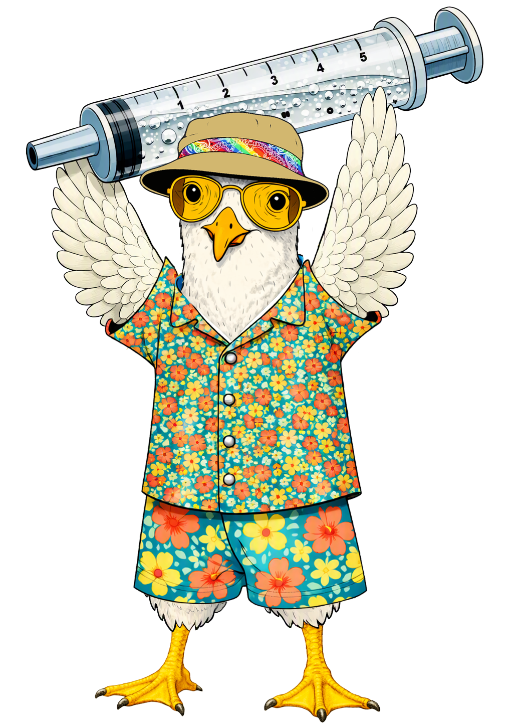 Cartoon illustration of a Brighton seagull dressed in a Hawaiian shirt and shorts, wearing sunglasses and a hat, carrying a large syringe on its shoulders.