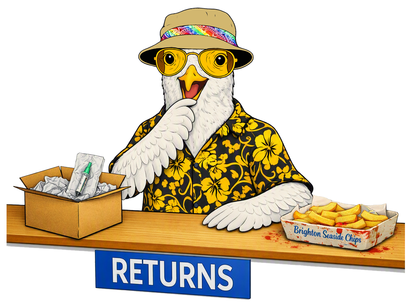 A Brighton seagull in a Hawaiian shirt, wearing yellow sunglasses, a  hat, and with one finger to its beak, standing behind a return counter with a sign that says 'RETURNS'.