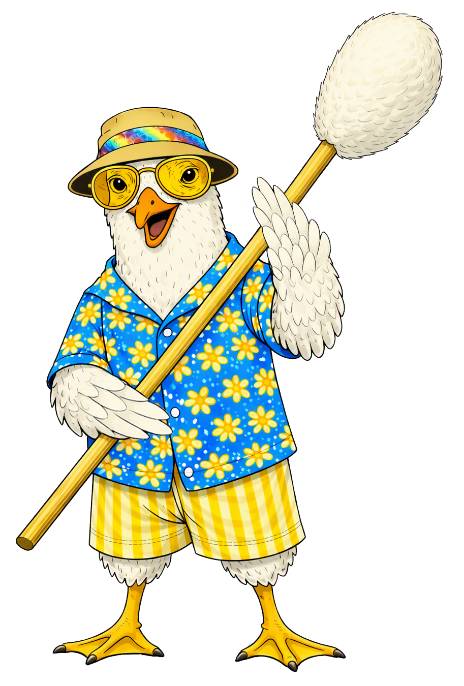 Cartoon Brighton seagull dressed in a Hawaiian shirt, yellow shorts, wearing sunglasses and a sun hat with a rainbow band, holding a beach mop.