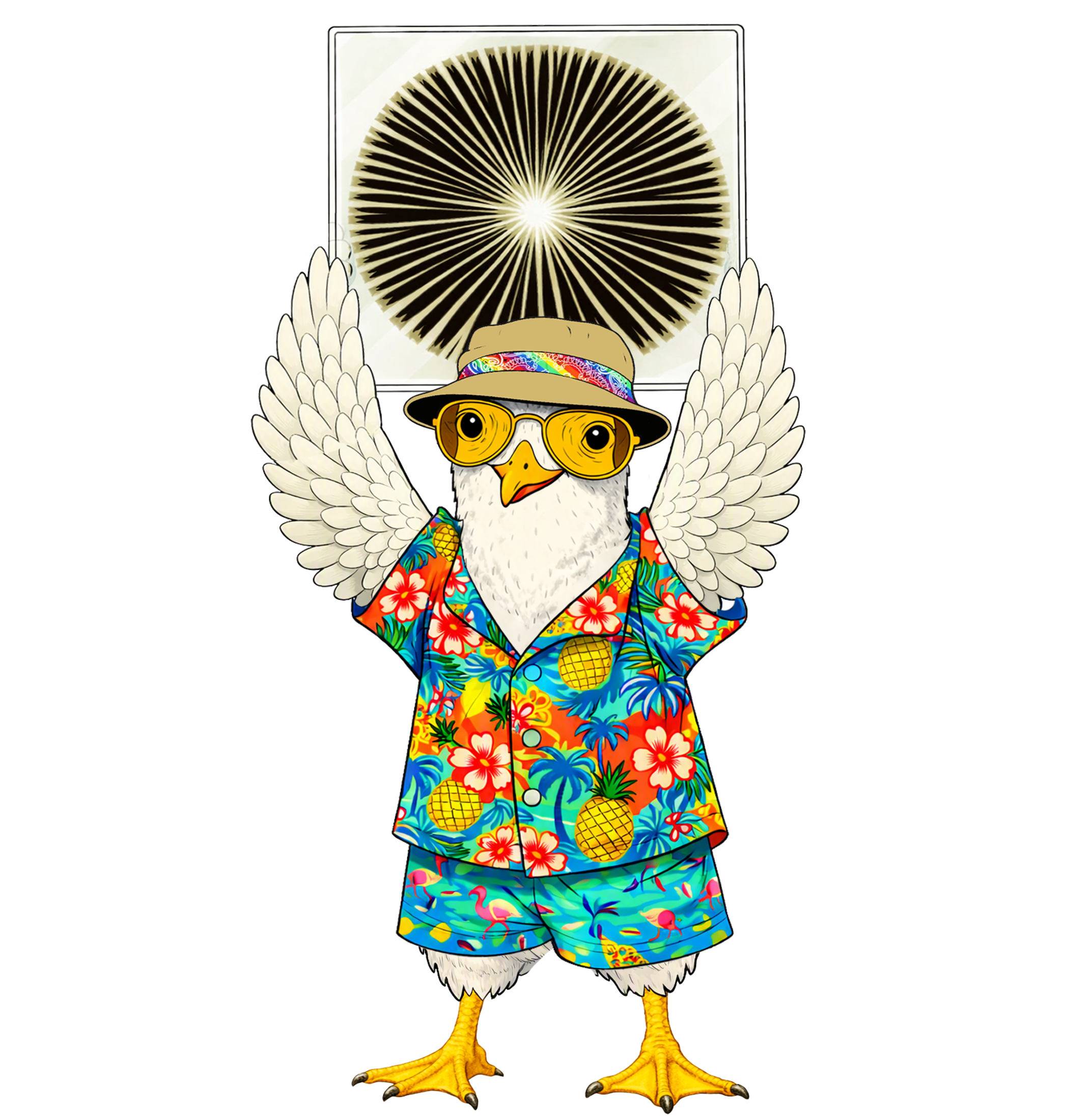 Illustration of a Brighton seagull dressed in a colourful Hawaiian shirt, wearing a hat with a rainbow pattern and sunglasses, with wings expanded and feathers detailed.