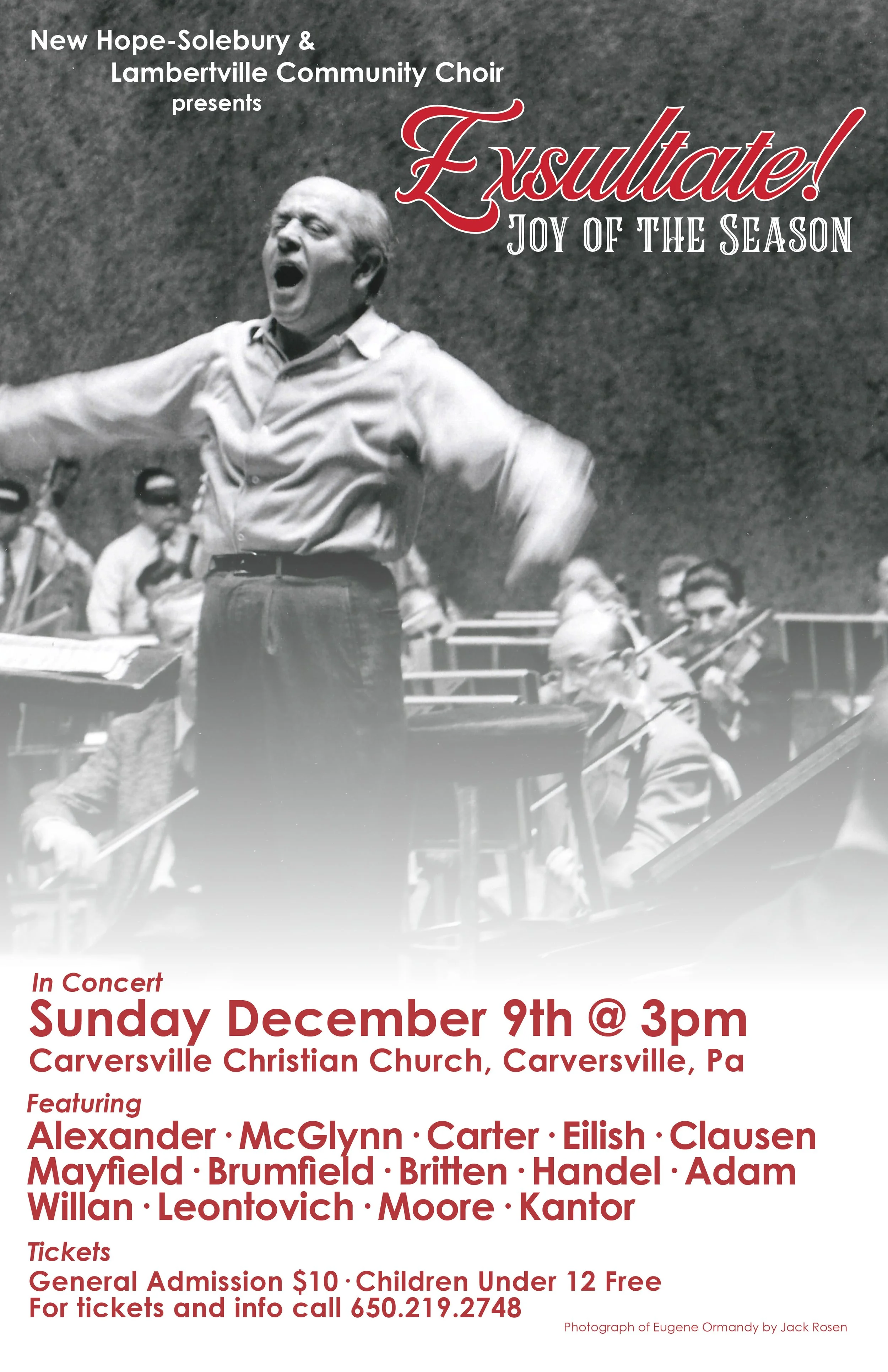 A concert event flyer featuring a black and white photo of a conductor leading an orchestra, with text promoting a performance by Alexander McGlynn and others at Carversville Christian Church in Pennsylvania on December 9th at 3 pm.