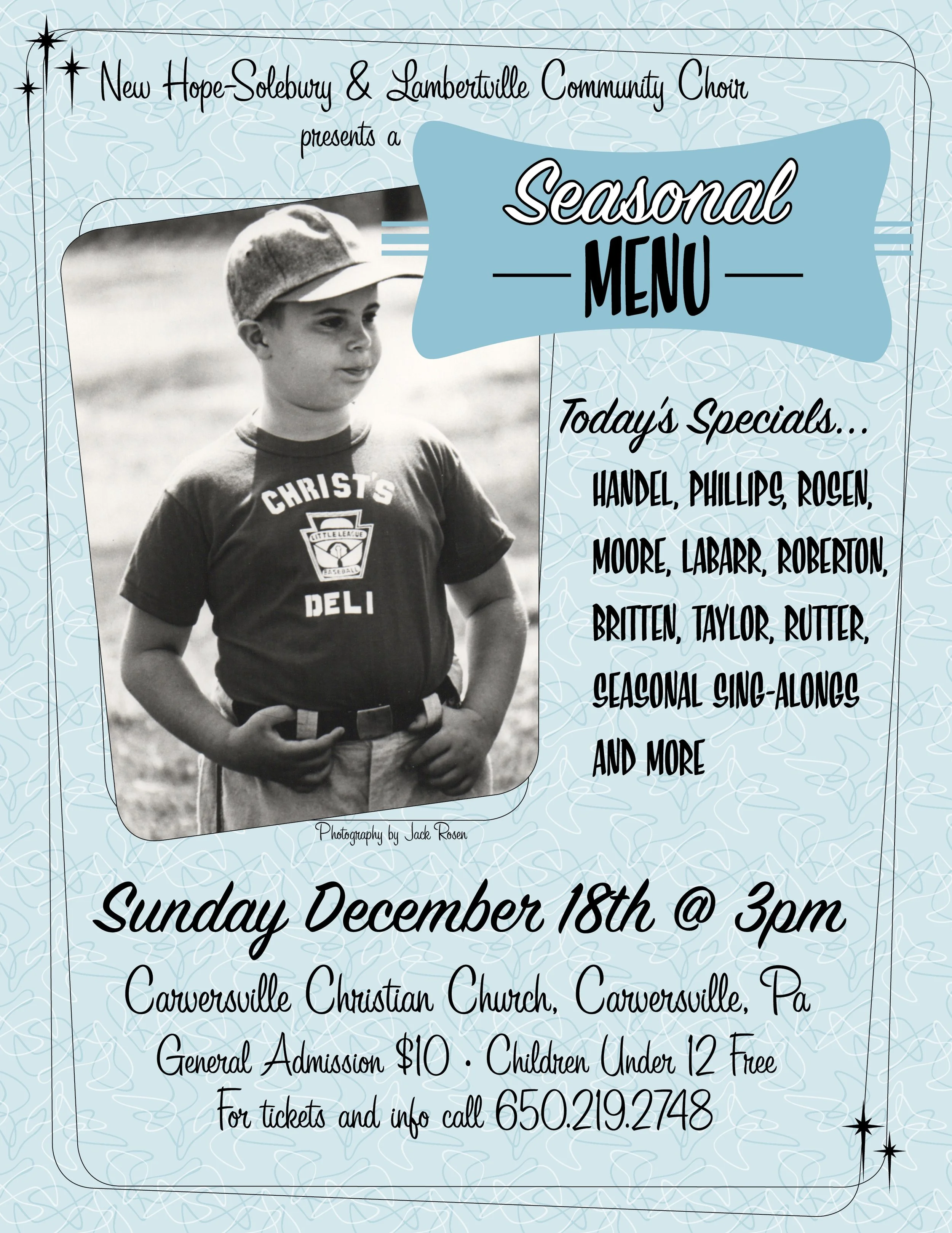 A flyer for a seasonal menu presentation by the New Hope-Solebury and Lambertville Community Choir, featuring a black-and-white photo of a young boy in a baseball uniform with the text indicating the event is on Sunday, December 18th at 3 pm at Carve