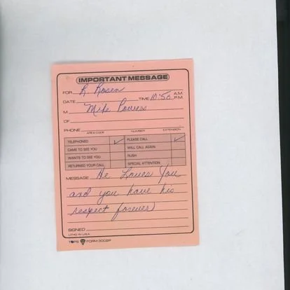 A pink important message note with handwritten text, addressed to someone named A. Green, dated at 4:15 PM, with a message about respecting someone and their feelings.