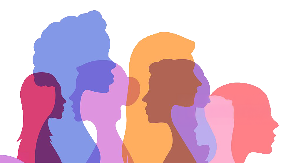 Overlay of colorful female silhouettes in profile facing right.