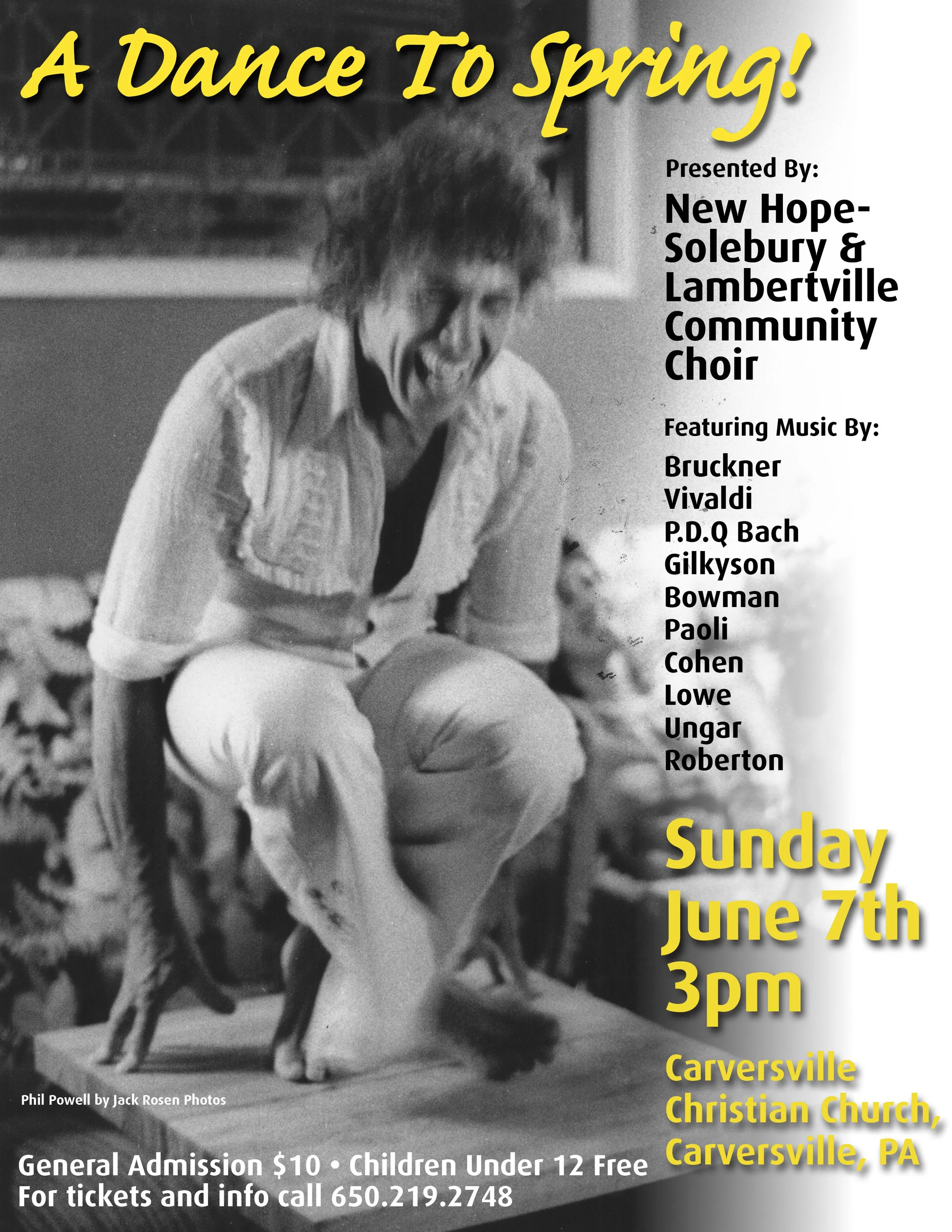 Poster for a dance event titled 'A Dance To Spring!' featuring a photo of a person with curly hair, smiling, and dressed casually. The event is presented by New Hope-Solebury & Lambertville Community Choir. Musical performers include Bruckner, Vivald