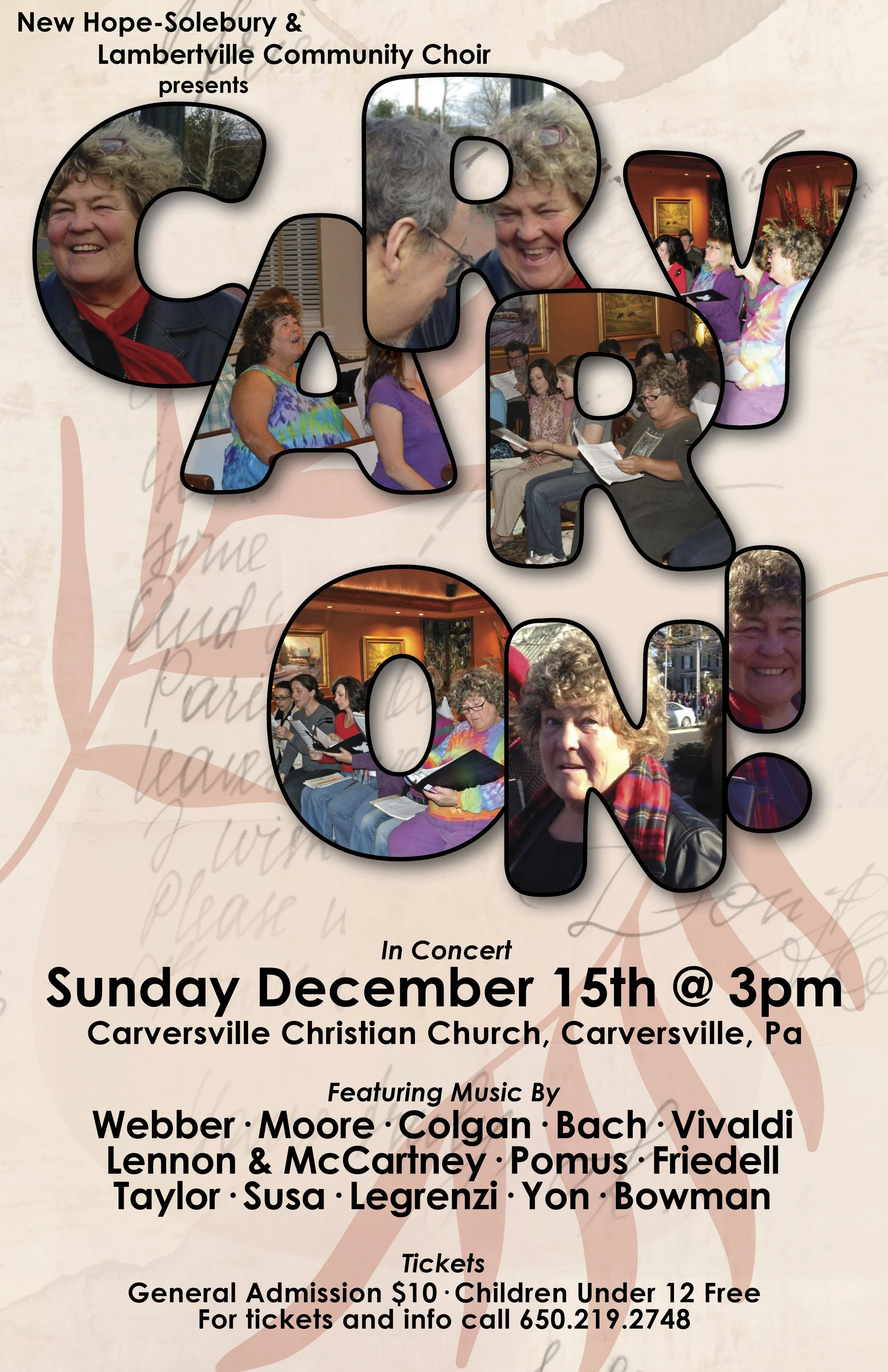 Poster for a concert event featuring the New Hope-Solebury & Lambertville Community Choir. The background includes a collage of photos of choir members singing and performing at an indoor venue, with a large, stylized text overlay that reads 'LOVE'. 