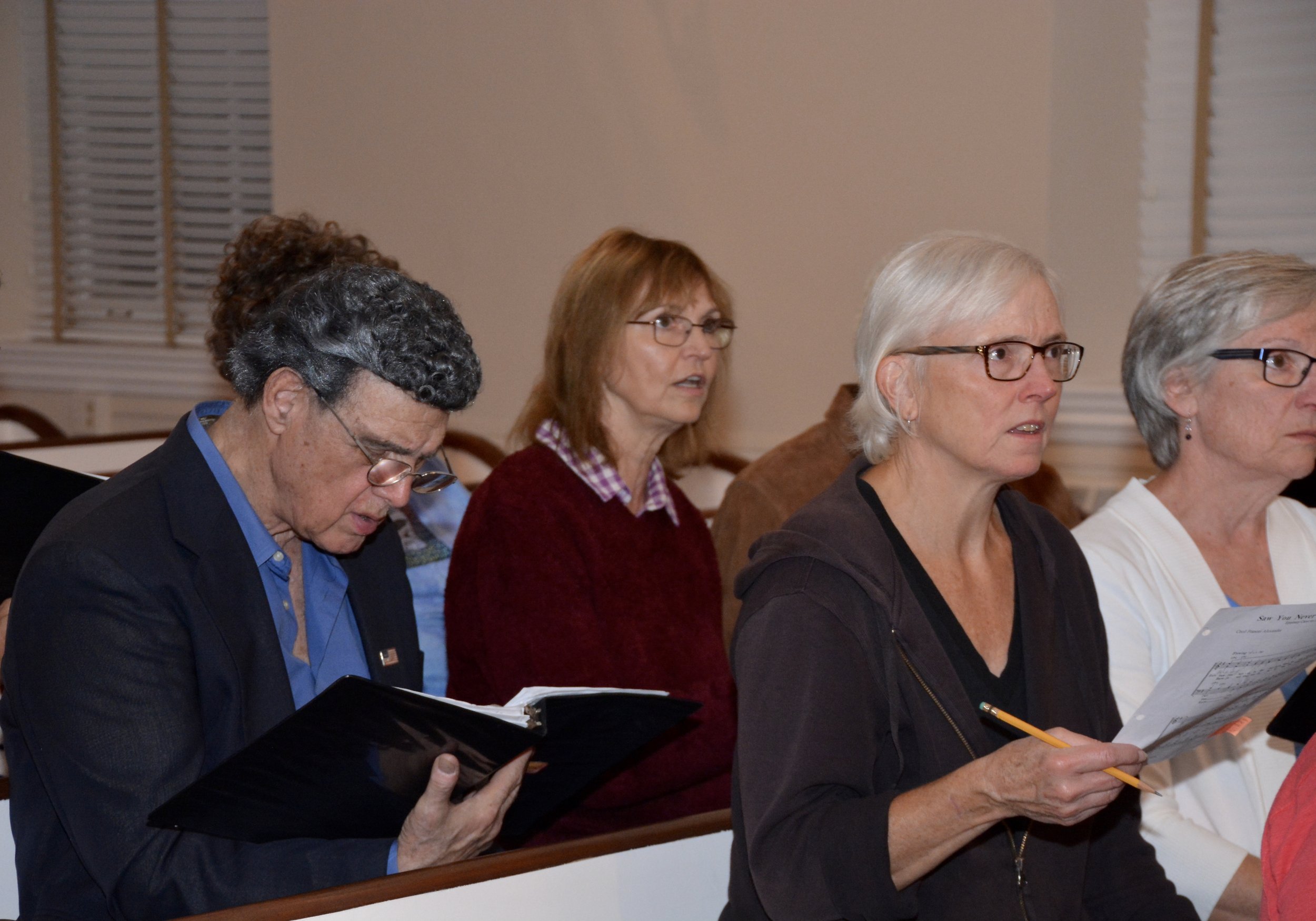 Group of older adults sitting together at a meeting, reading documents and taking notes.