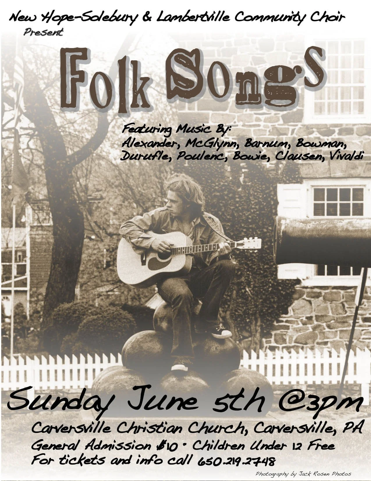 A black-and-white photo of a young man sitting on pumpkins playing an acoustic guitar outdoors. There is a white picket fence, a brick house with a window, and trees in the background. The image promotes a folk song concert at Conoversville Christian