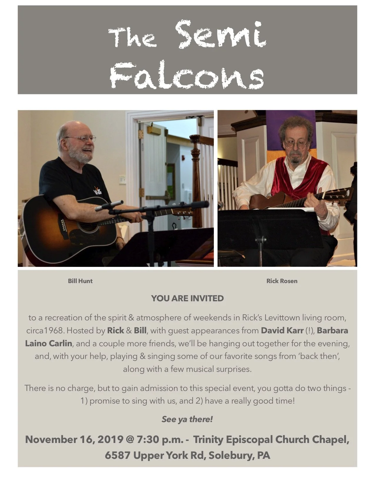 Event flyer for 'The Semi Falcons' concert featuring musicians Bill Hunt and Rick Rosen, with guest appearances, scheduled for November 16, 2019, at 7:30 p.m. at Trinity Episcopal Church Chapel, Solebury, PA, inviting attendees to sing and enjoy musi