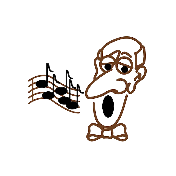 Cartoon of a man with glasses and a bow tie singing with musical notes.
