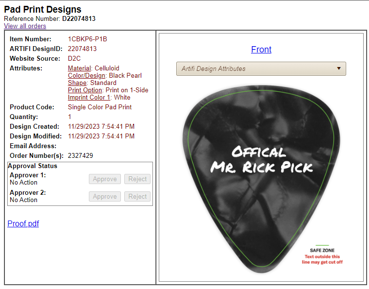 A black guitar pick with white text that reads "OFFICIAL MR. RICK PICK". The pick has a green outline and a note in red that says "SAFE ZONE" with a warning that "Text outside this line may get cut off". The image is part of a product design sheet wi