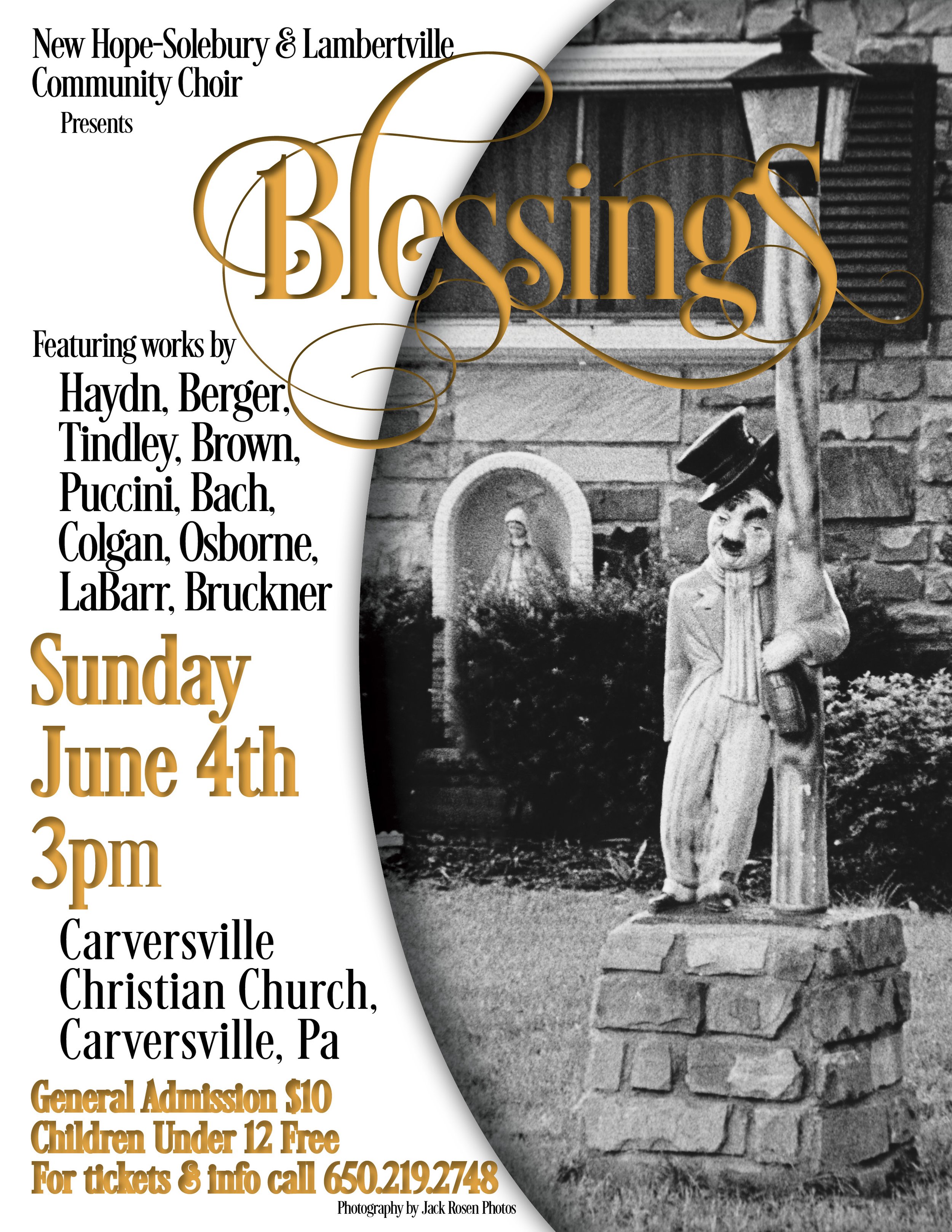 A flyer for a community choir event titled "Blessings" presented by the New Hope-Solebury & Lambertville Community Choir, featuring works by various composers, scheduled for Sunday, June 4th at 3 pm at Carversville Christian Church, Carversville, PA.