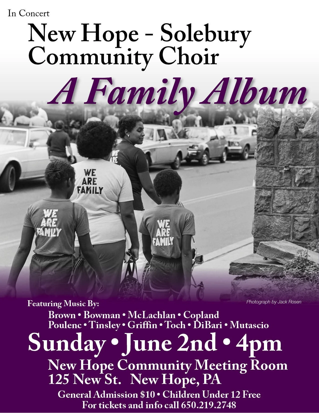 Concert poster for New Hope - Solebury Community Choir, titled 'A Family Album'. The poster includes details of a music event on Sunday, June 2nd at 4 pm in New Hope, PA, with featured artists Brown, Bowman, McLachlan, Copland, Poulenc, Tinsley, Grif