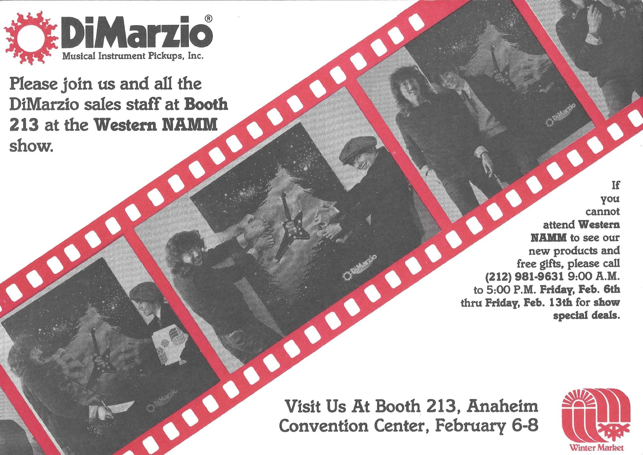 A promotional flyer for DiMarzio, a manufacturer of musical instrument pickups, featuring a series of black and white images of musicians playing guitars, arranged in a film strip style with a red border. The flyer invites visitors to see their produ
