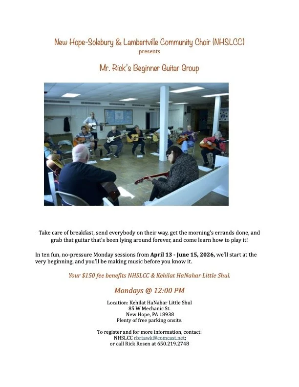 Flyer for Mr. Rick's Beginner Guitar Group, part of a community choir, showing people learning guitar in a classroom setting.