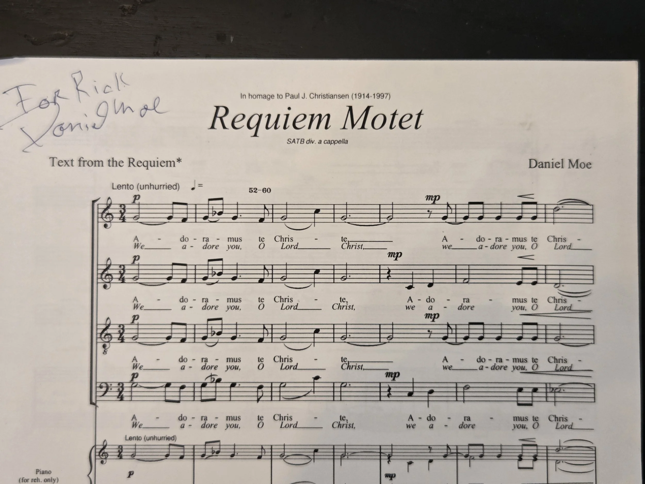 A sheet of music titled 'Requiem Motet', dedicated to Paul J. Christiansen, with handwritten notes on the top left corner.