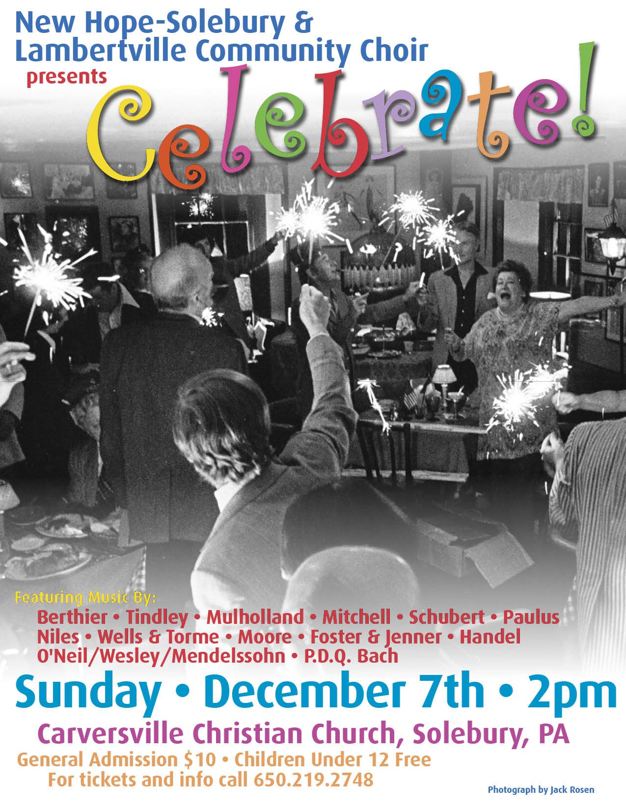 A promotional poster for a Christmas concert featuring the New Hope-Solebury & Lambertville Community Choir. The poster shows a black and white photo of people celebrating with sparklers, and colorful text announcing the event details, including date