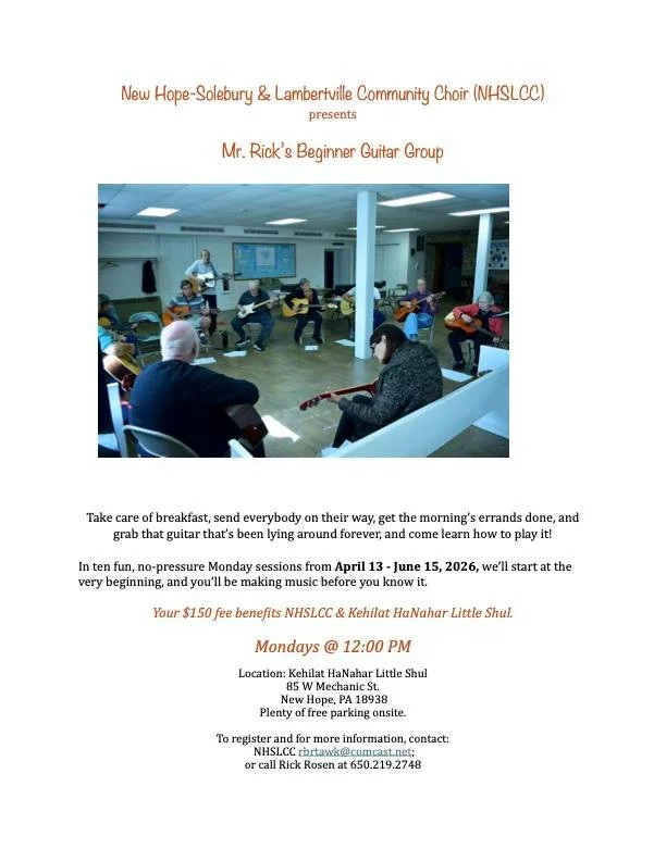 Flyer announcing Mr. Rick's Beginner Guitar Group session at Kehilat HaNahar Little Shul in New Hope, PA, with a photo of a group of people practicing guitar together in a classroom setting.