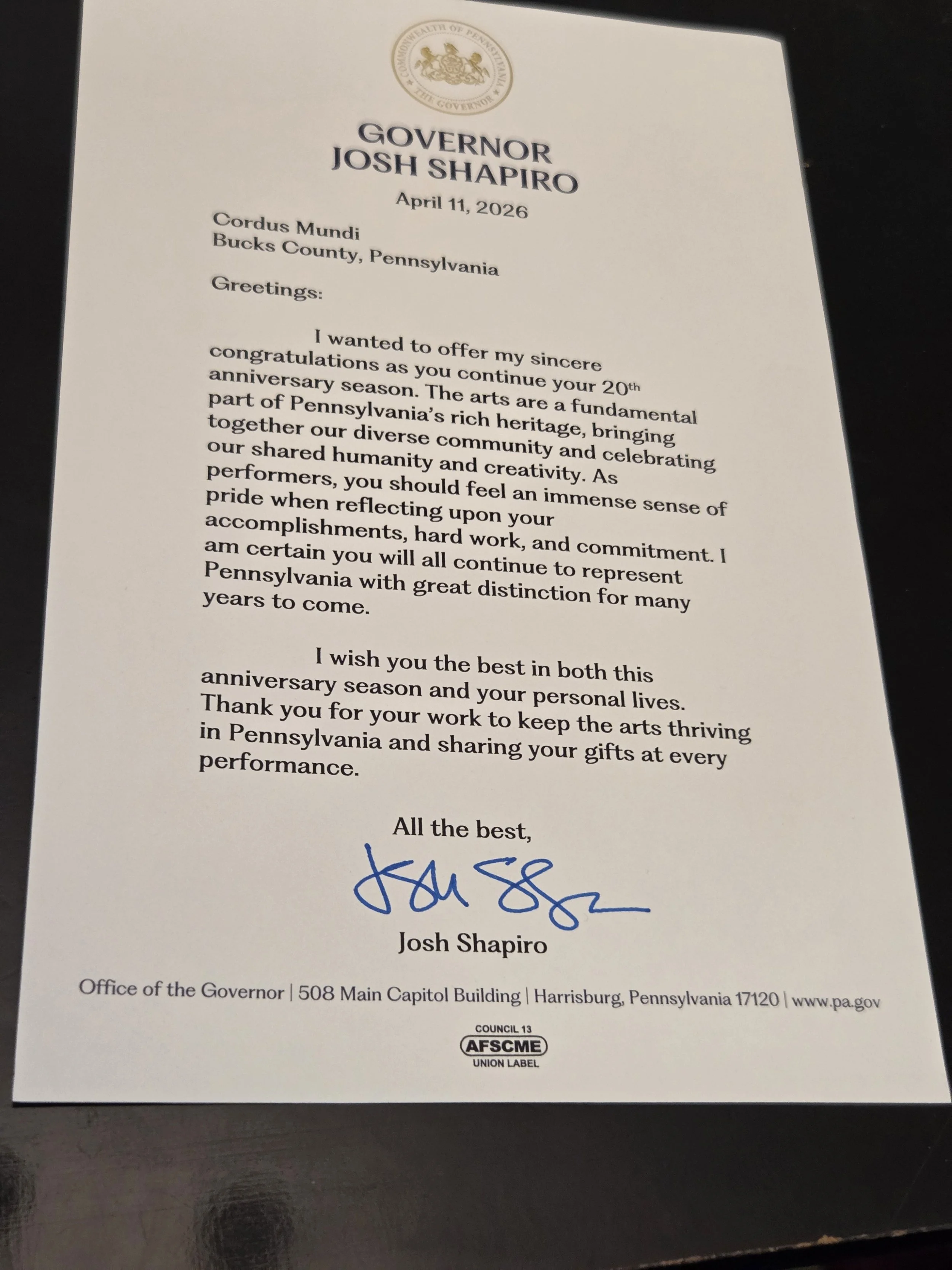 Letter from Governor Josh Shapiro congratulating Cordus Mundi from Bucks County, Pennsylvania, with a signature at the bottom.