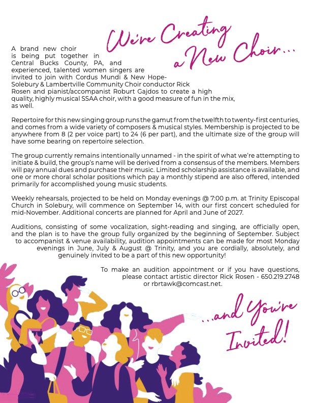 A flyer announcing the creation of a new choir, featuring an illustration of diverse women singing and engaging, with pink and purple accents, and text about auditions, rehearsals, and membership details.