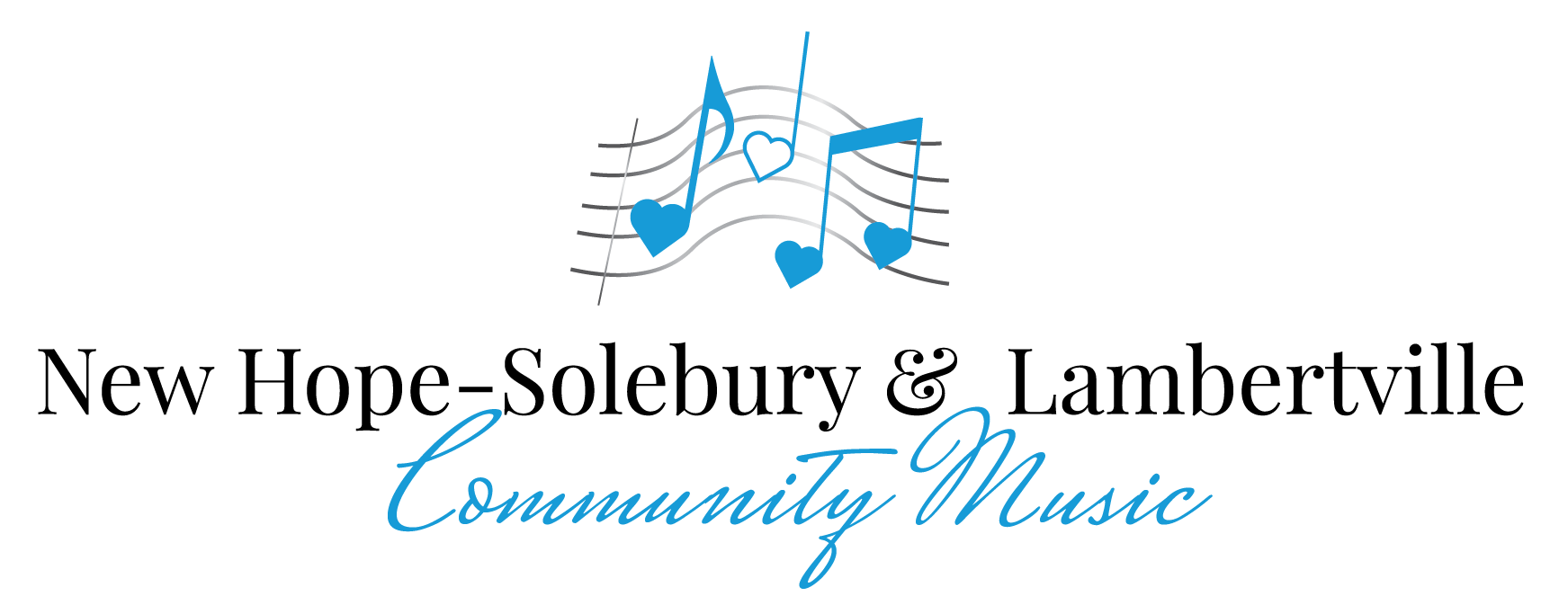 Graphic with musical notes and hearts on staff lines, with text reading 'Community Music'.
