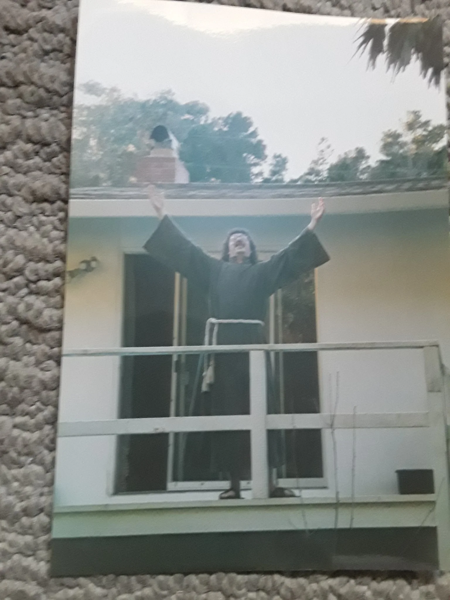 A woman standing on a balcony, gesturing with her right hand, with trees and a cloudy sky in the background.