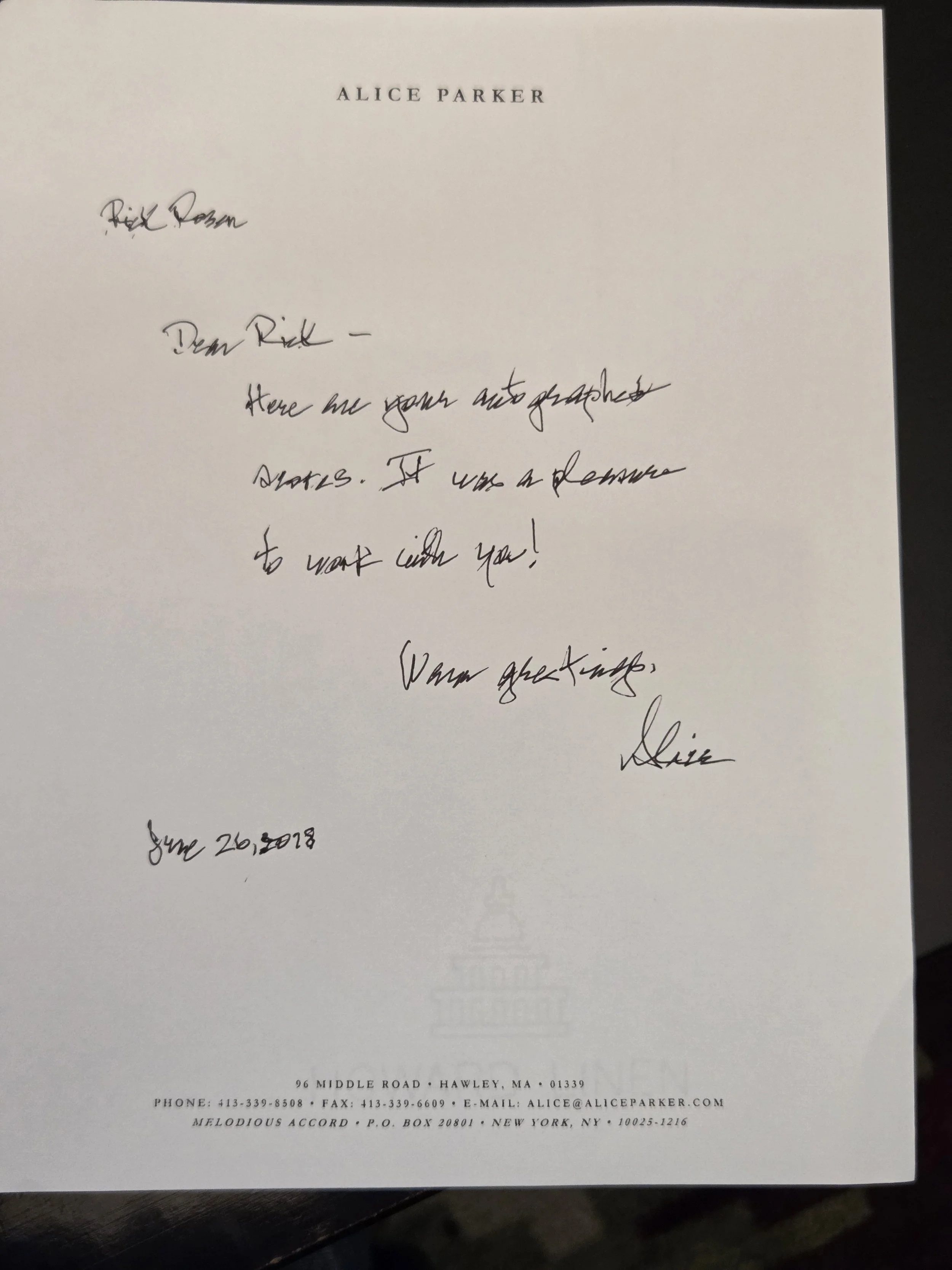 A handwritten note on letterhead from Alice Parker, dated June 26, 2018, with contact information at the bottom. The letterhead includes her address in Hawley, Massachusetts, phone, fax, email, and P.O. Box details.