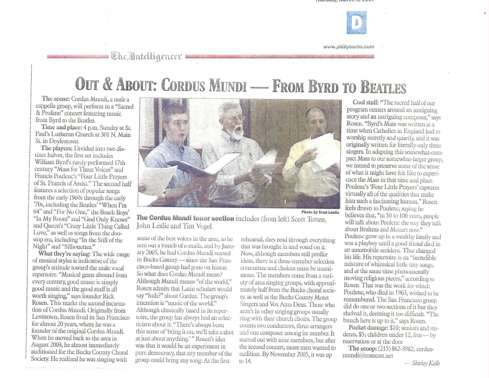 Newspaper article titled "Out & About: Cordus Mundi - From Byrd to Beatles" with a photo of four men singing in a choir, holding sheet music. The article discusses a choir group's performance, members, and background.