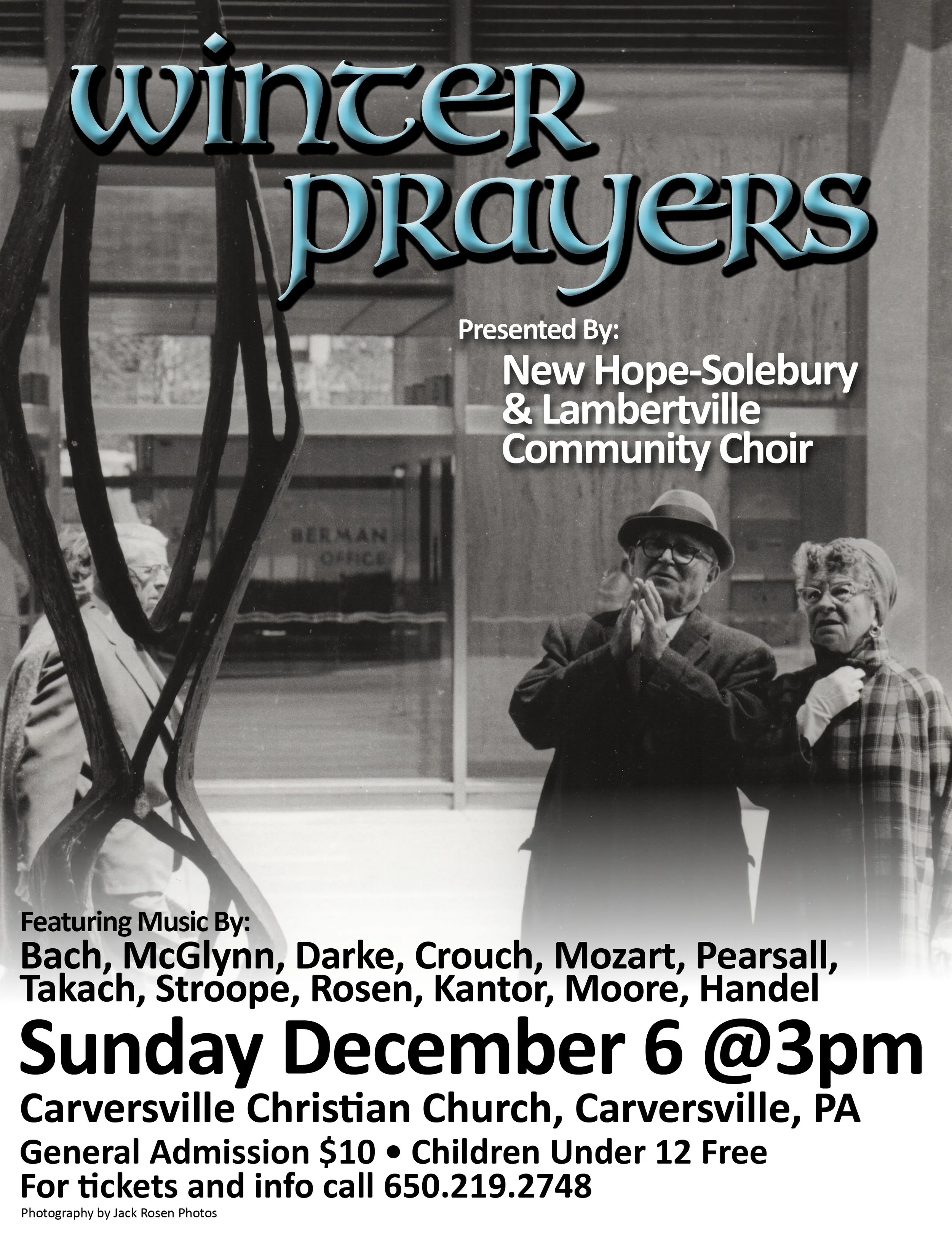 Poster for a choir concert titled 'Winter Praisers,' presented by the New Hope-Solebury & Lambertville Community Choir. Features a black-and-white photo of elderly people praying, with event details including date, time, location at Carversville Chri