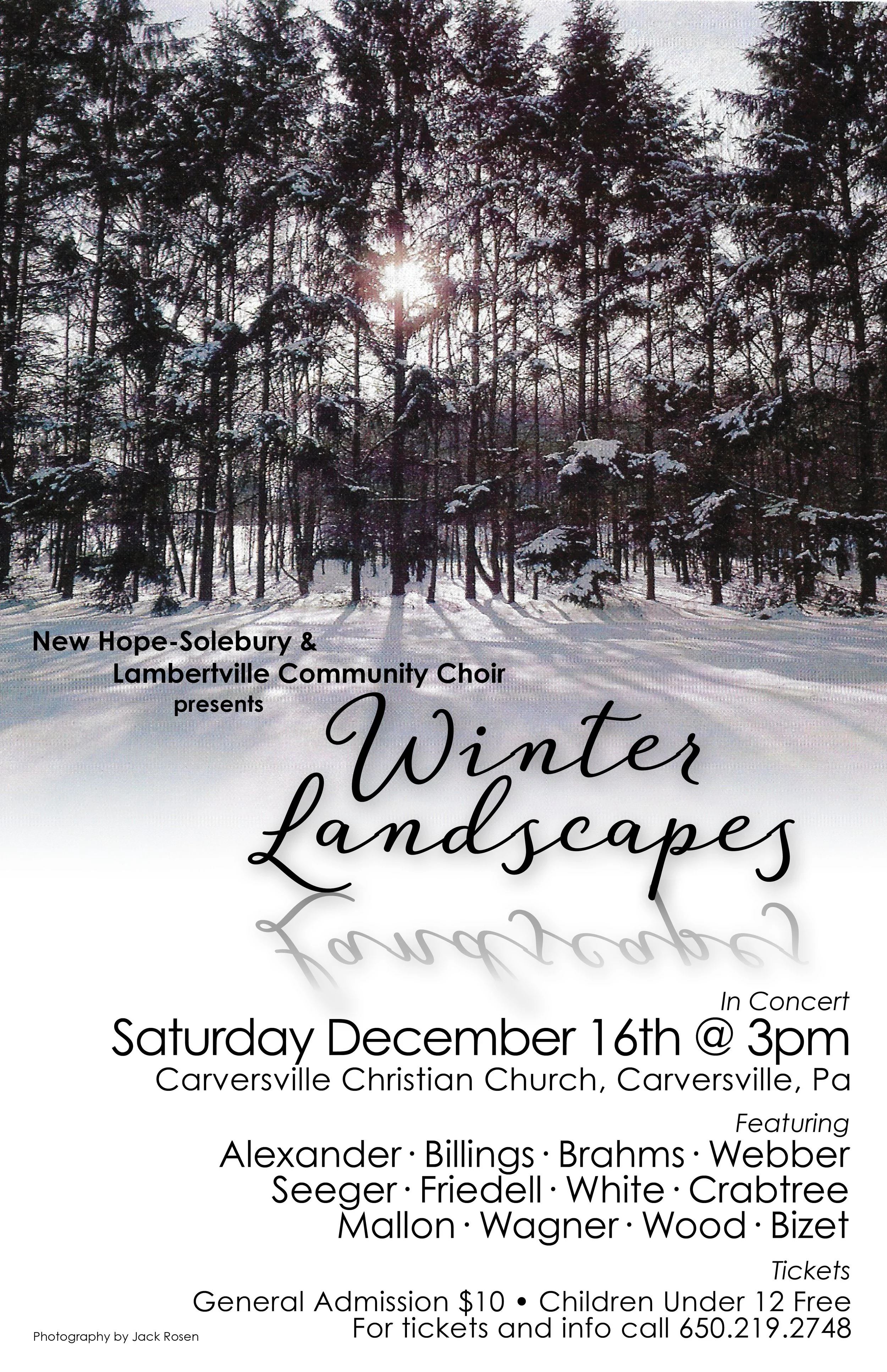 A winter landscape with snow-covered trees and sunlight filtering through. An event poster overlay shows details of a Christmas concert titled 'Winter Landscapes,' scheduled for Saturday, December 16th at 3 pm at Carversville Christian Church in Carv