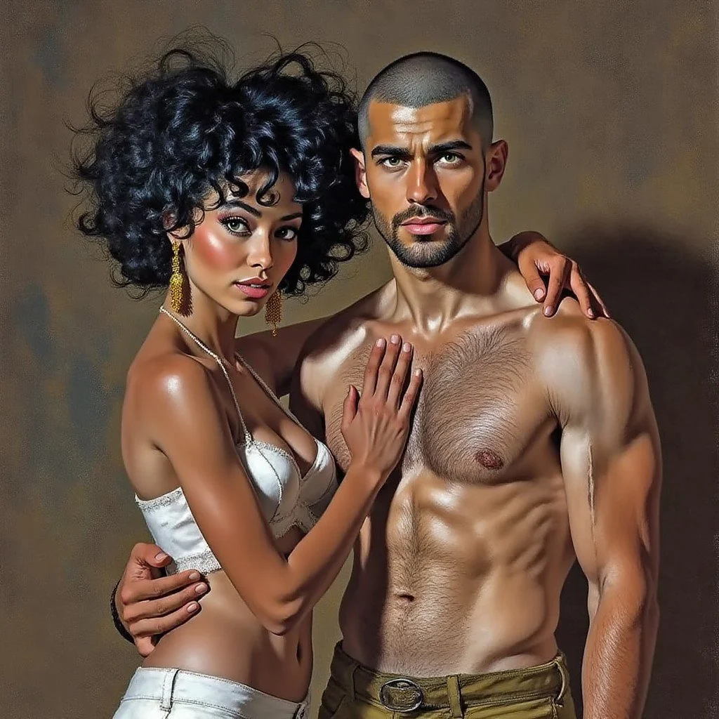 A woman with curly black hair and a man with a buzz cut pose together. The woman wears a white bra and gold jewelry, the man is shirtless, revealing a muscular chest and abdomen, and is wearing olive-green pants.