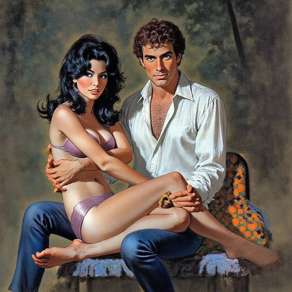 A man and woman sit together on a colorful chair, with the woman sitting on the man's lap. The woman has black hair and is wearing lingerie, while the man has curly hair and is wearing an open white shirt.