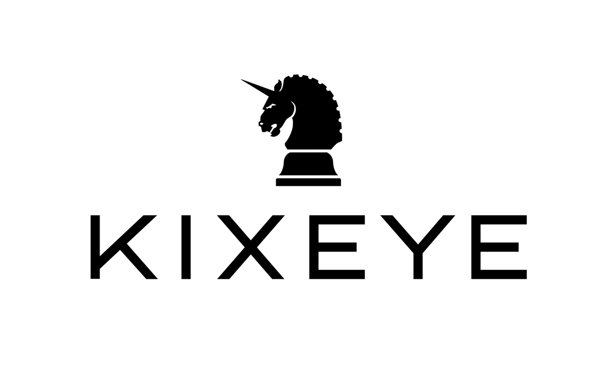 Kixeye logo in black and white featuring a black silhouette of a chess knight with a unicorn horn, and the word 'KIXEYE' written below it.