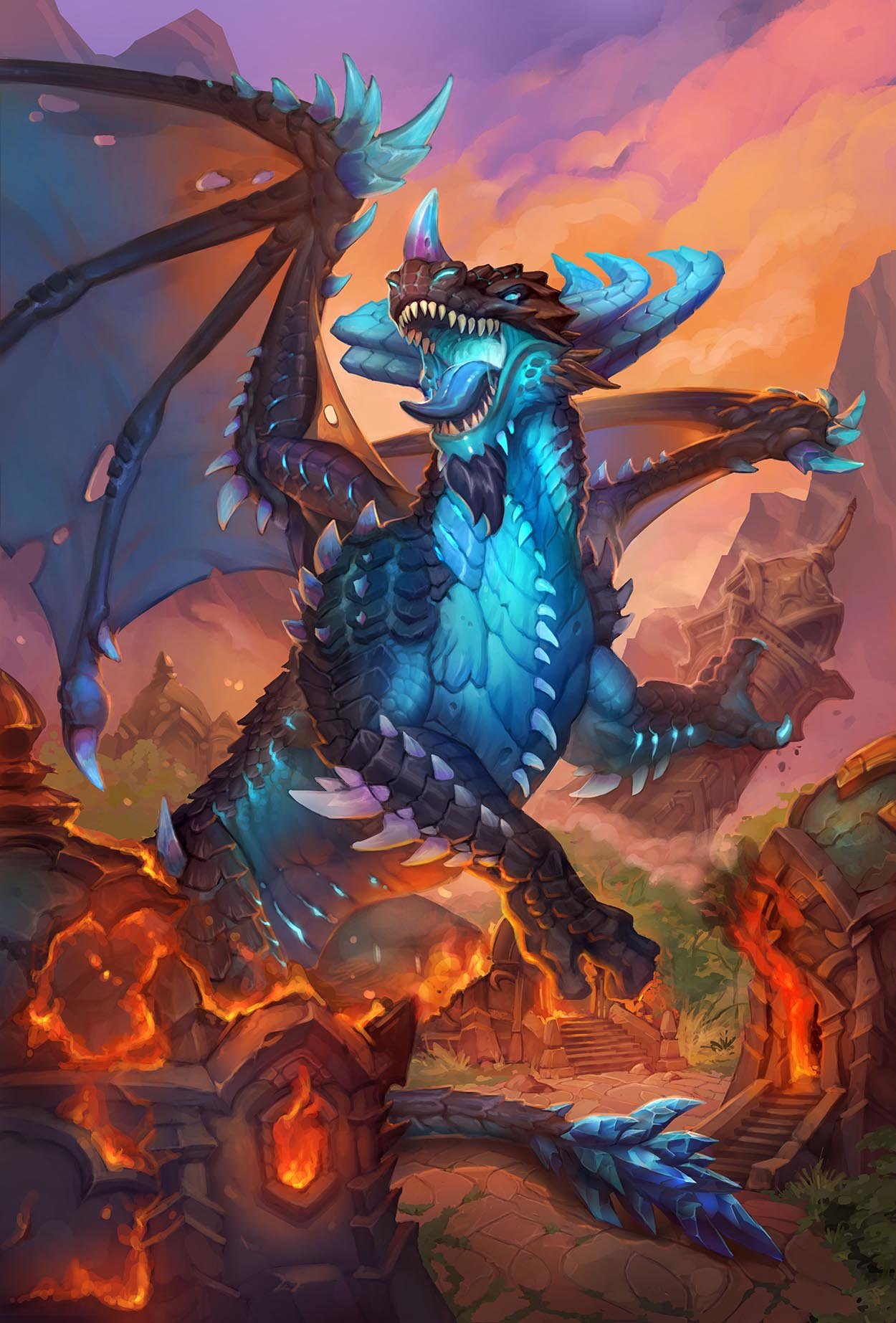A large, mythical blue and black dragon with sharp spikes along its body and glowing blue accents, breathing fire amid a volcanic landscape with erupting lava and destruction.