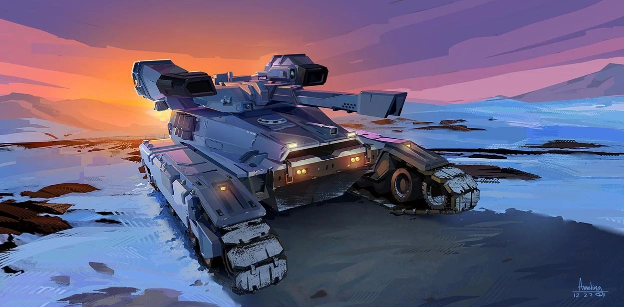 A digital painting of a futuristic tank on snowy terrain during sunset, with a colorful sky and distant mountains.
