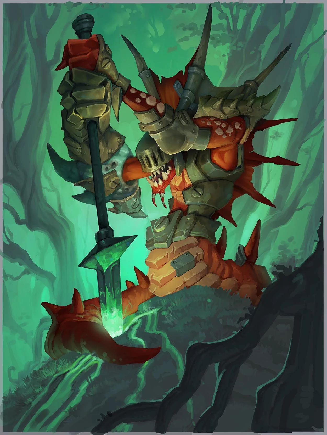 A fantasy dragon with armor and spikes, breathes green fire and holds a black spear in a dense, green forest.