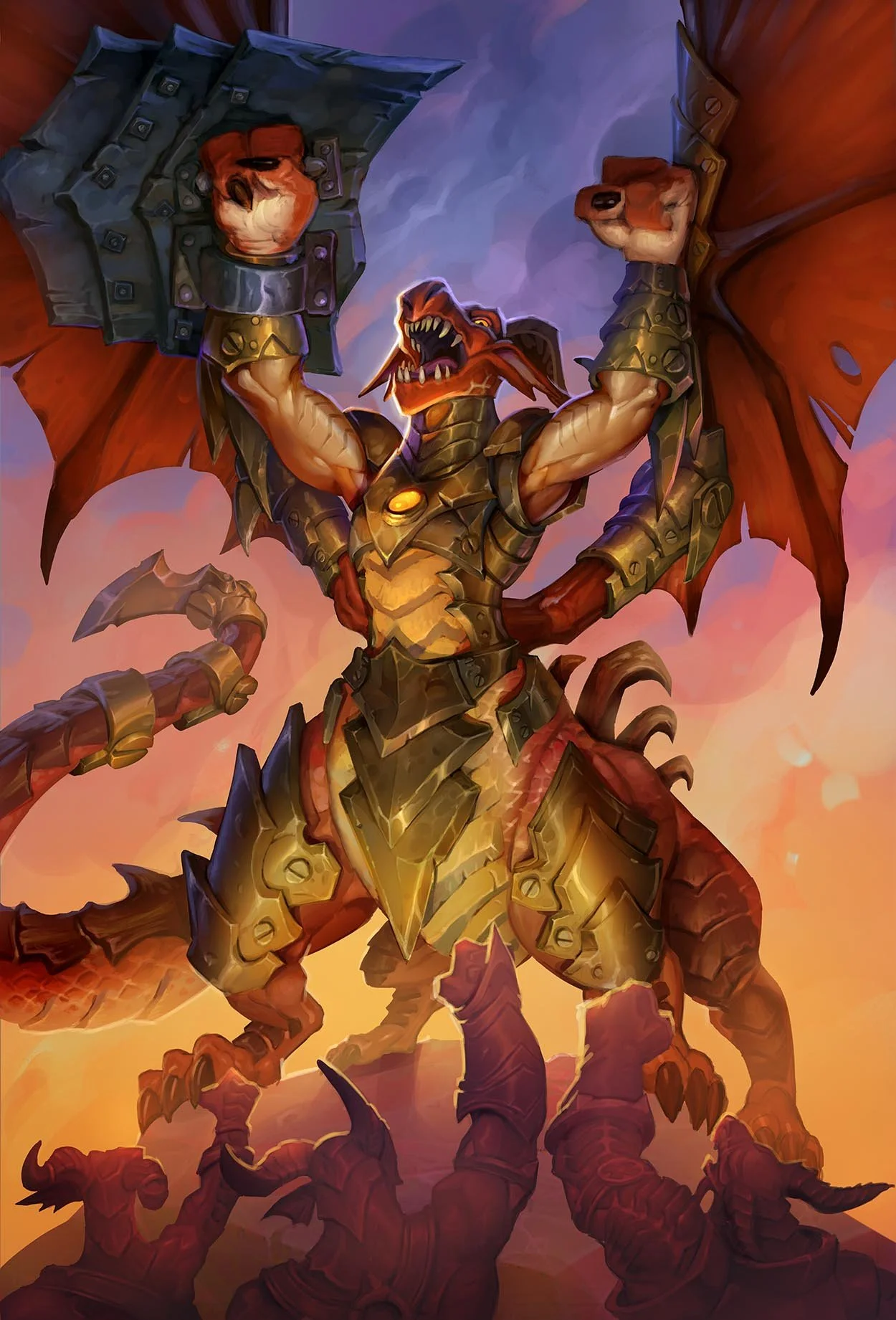 A large, demonic dragon with orange wings and a muscular build, wielding a massive hammer with a coat of armor and a fierce expression. The background has a fiery sky with glowing clouds.