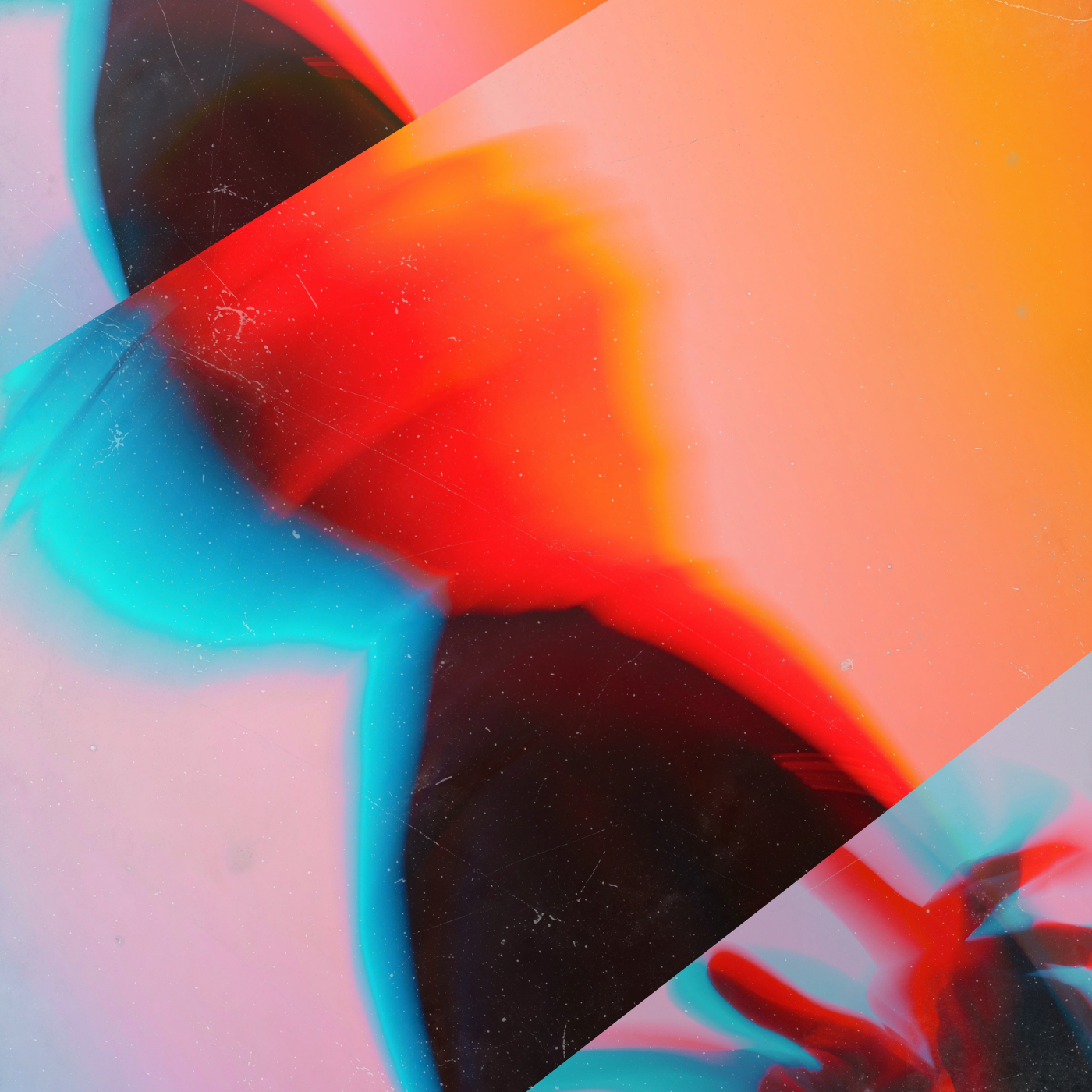 Abstract colorful background with vibrant reds, blues, and oranges, featuring a diagonal black stripe and a grainy texture.