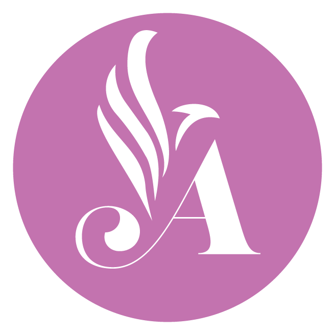 A purple circular logo with a large white stylized letter 'A' and decorative swirls and lines.