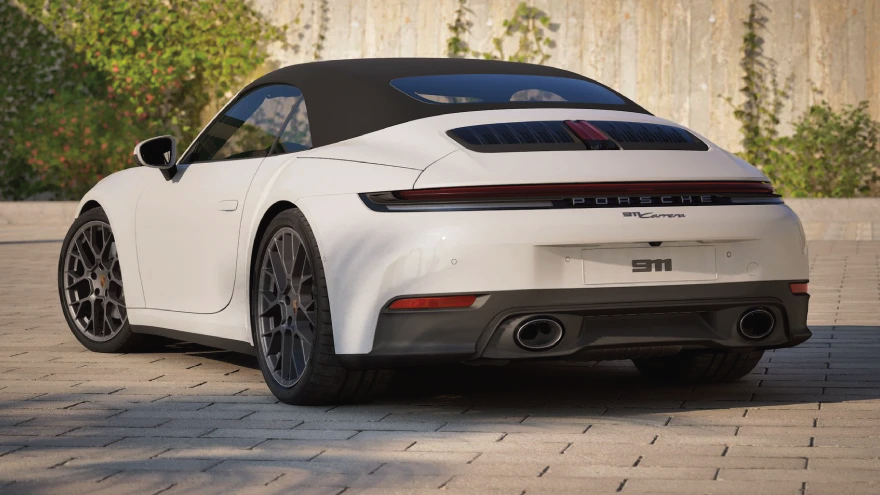 A rear view of a 2026 Porsche 911 Carrera Cabriolet.