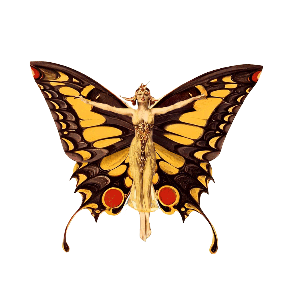 A woman with butterfly wings in an artistic costume with arms outstretched.
